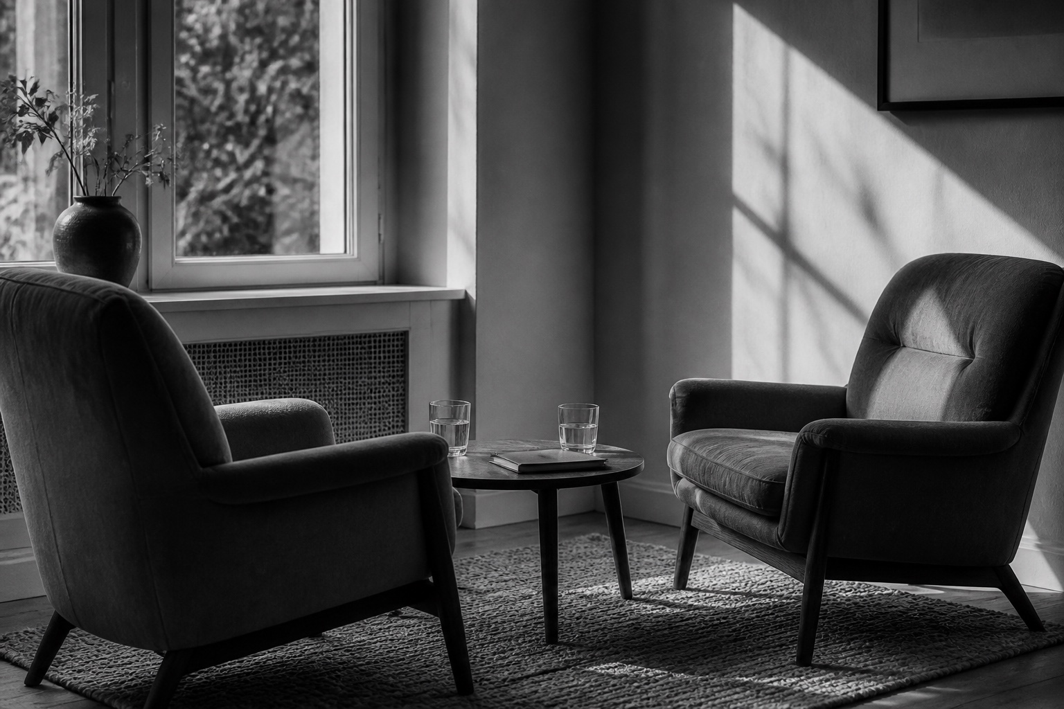Two chairs arranged for conversation beside a sunlit window