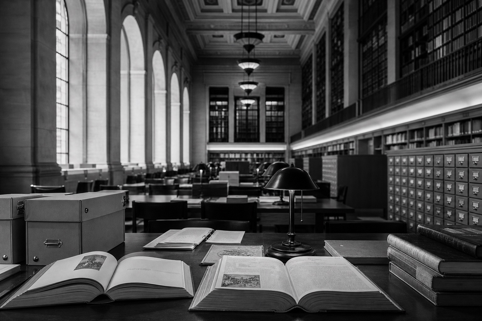 A monumental library reading room lined with books and archival catalogs