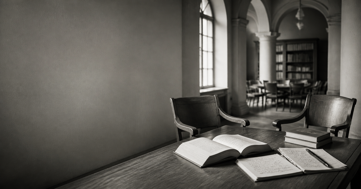 An open book and research notes in a quiet reading room